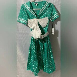 NWT S 4 Unique Vintage Seafoam & White Polka Dot Bow & Belted Sailor Swing Dress